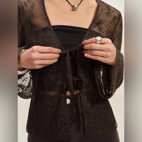 Reformation Brown Lace Kristen Knit Top , Size Large - Picture 4 of 4